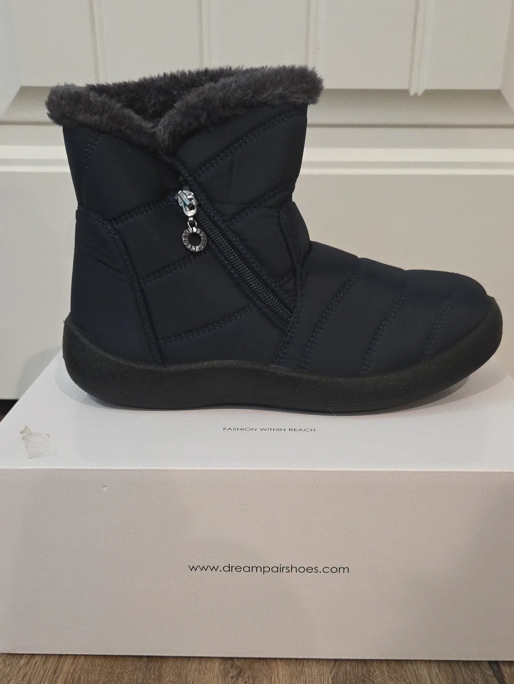 Dream Pairs Black/Very Dark Navy Quilted Faux-Fur Winter Ankle Boot